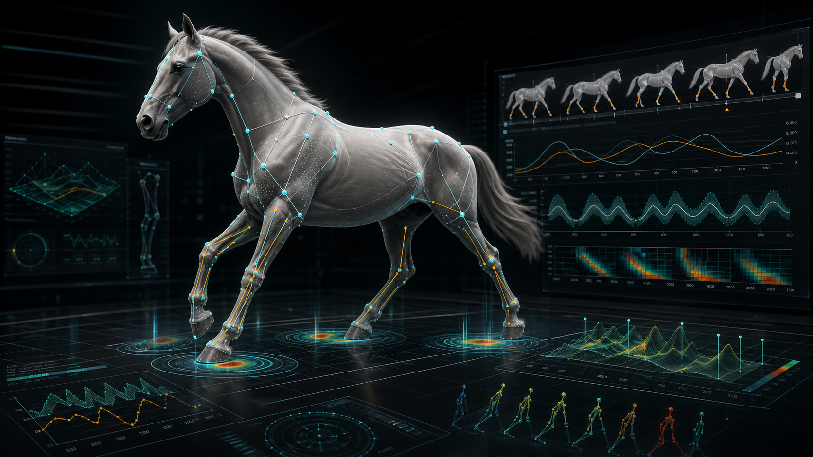 Cinematic 3D equine biomechanics simulation with motion landmarks and gait analysis plots